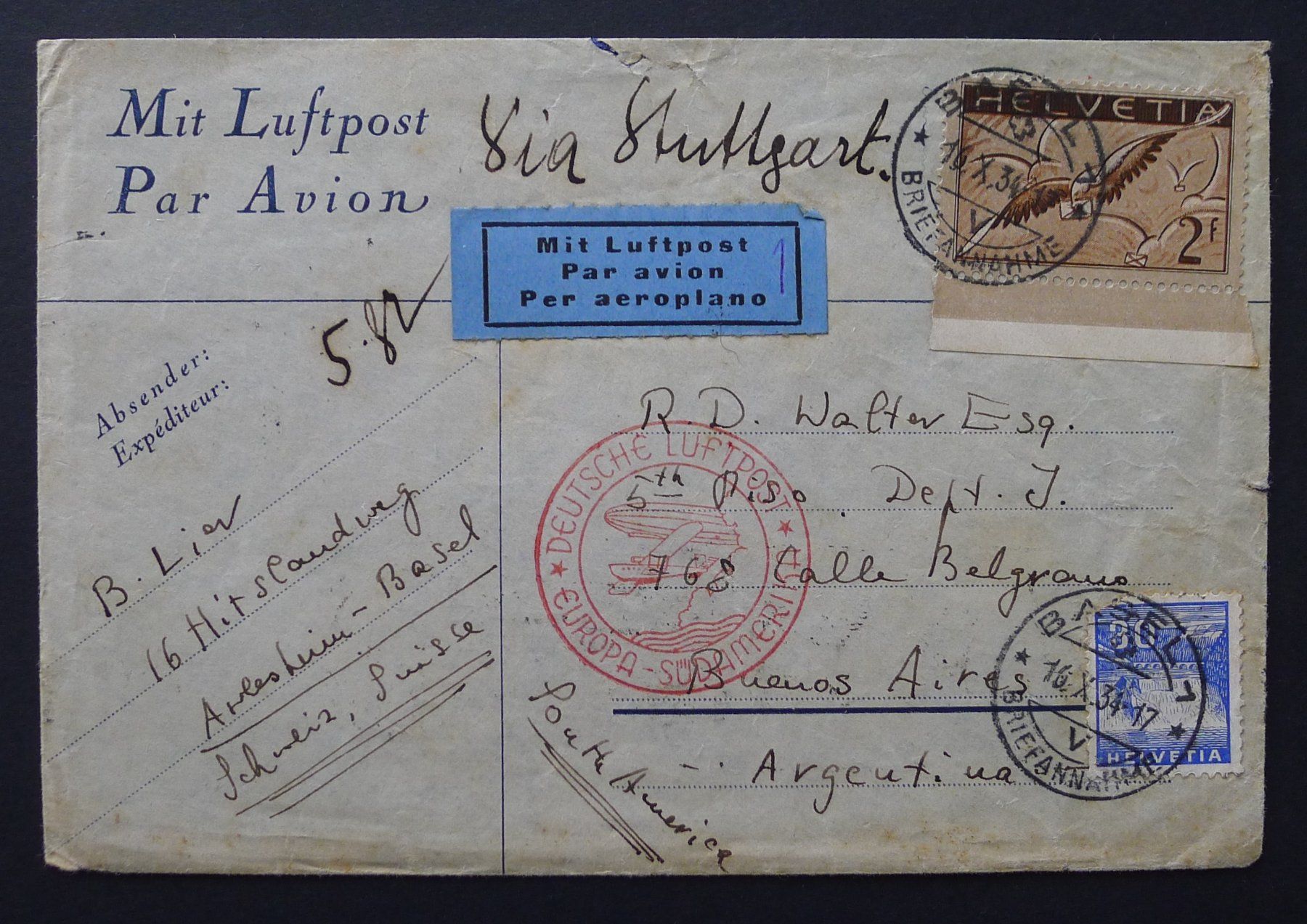 Tutti i francobolli: 1934, 10. Südamerikafahrt, Zeppelin Flug BASEL - ARGENTINIEN – Usato da Ebikon venduto da SilvioFreund
