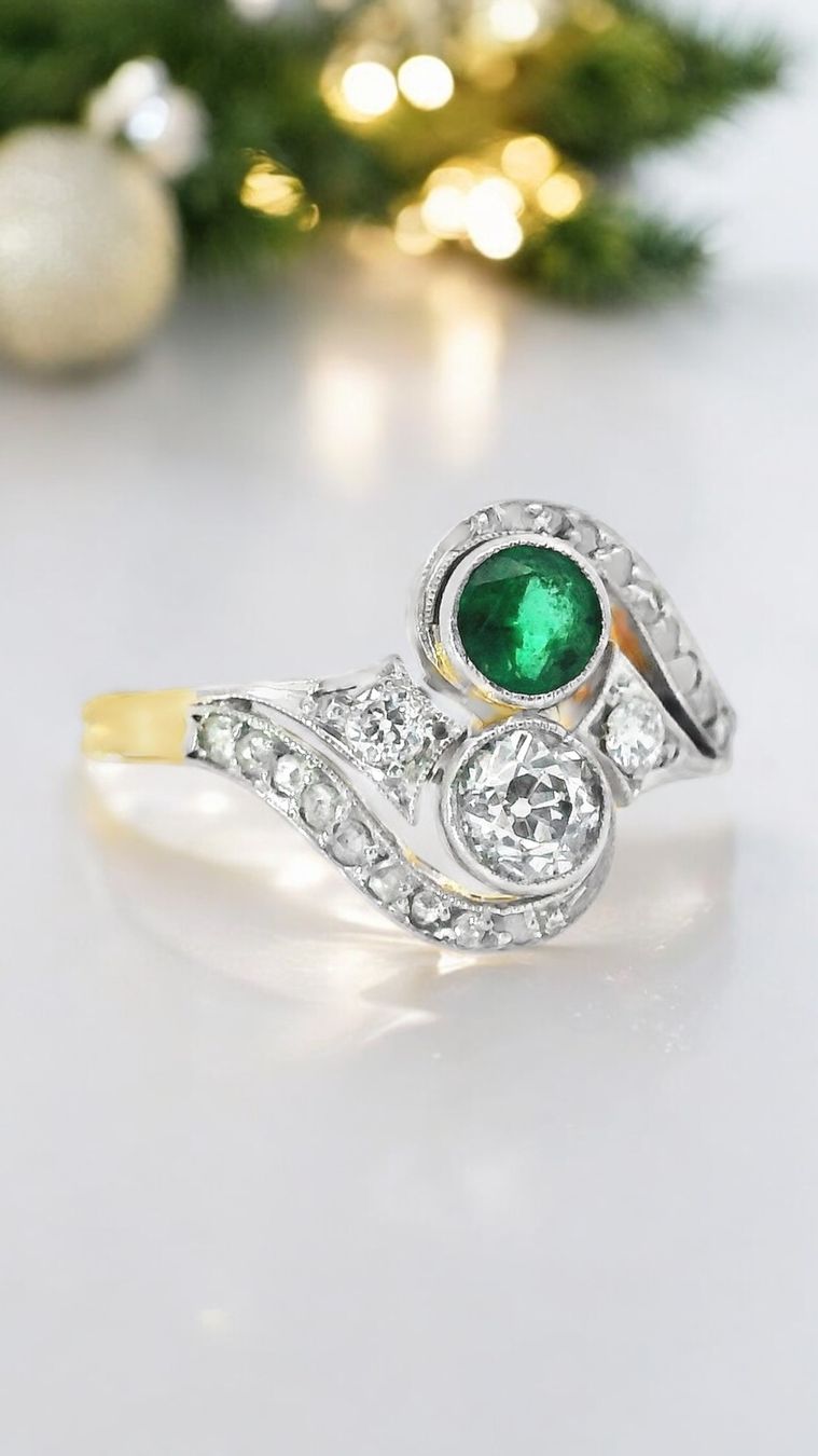 Anelli: Toi et Moi 18k Diamant u Smaragd Ring – Usato da Embrach venduto da estzeh1 2