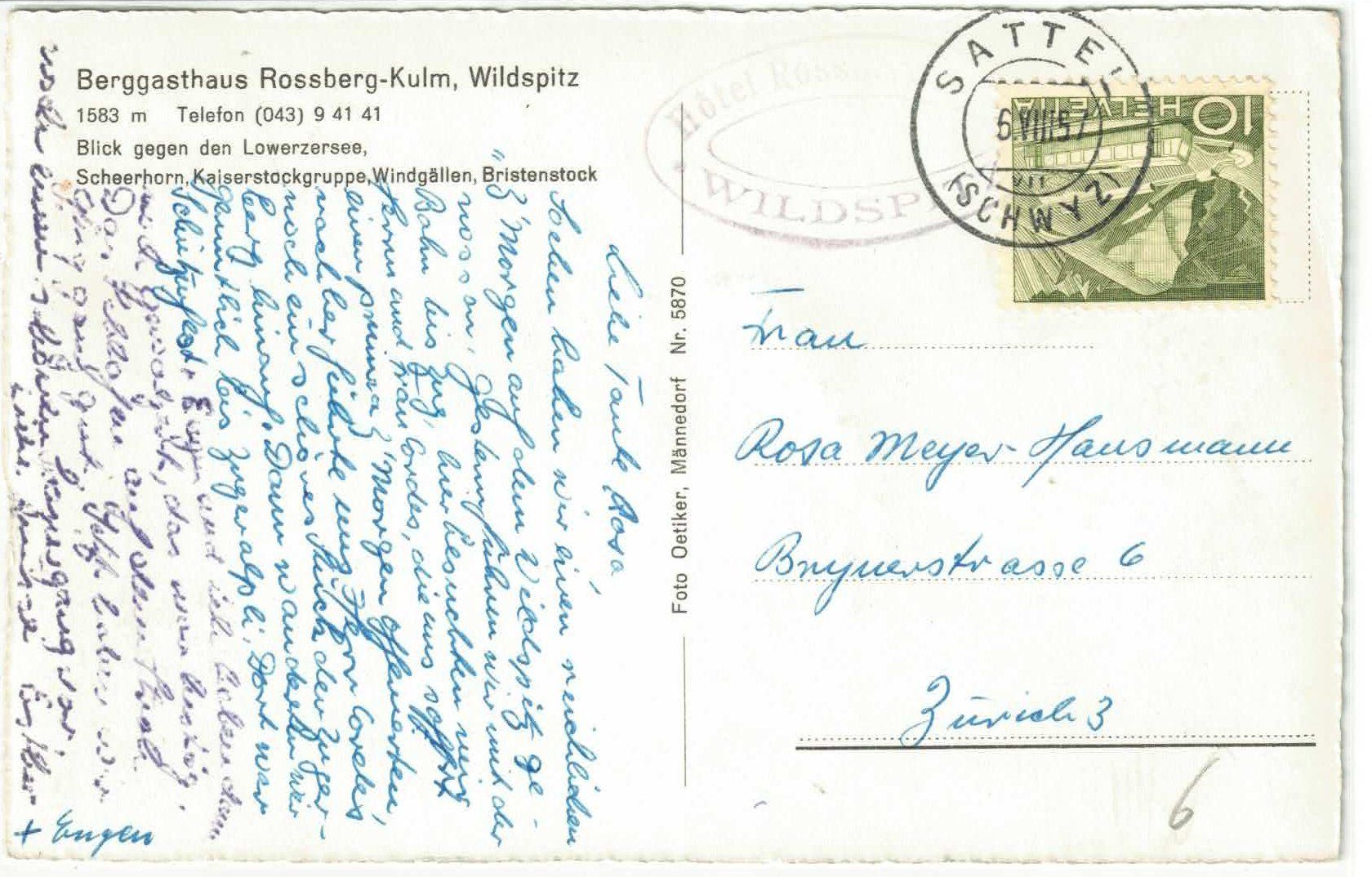 Ansichtskarten: Berggasthaus Rossberg-Kulm - Wildspitz - Lowerzersee – Gebraucht aus Ettingen von Kartenplanet 1