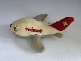 Peluche avion Swissair vintage en peluche gris et beige