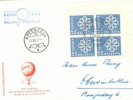 Ballonpost APPENZELL NABAG 1959 EUROPA Marken 4er Block