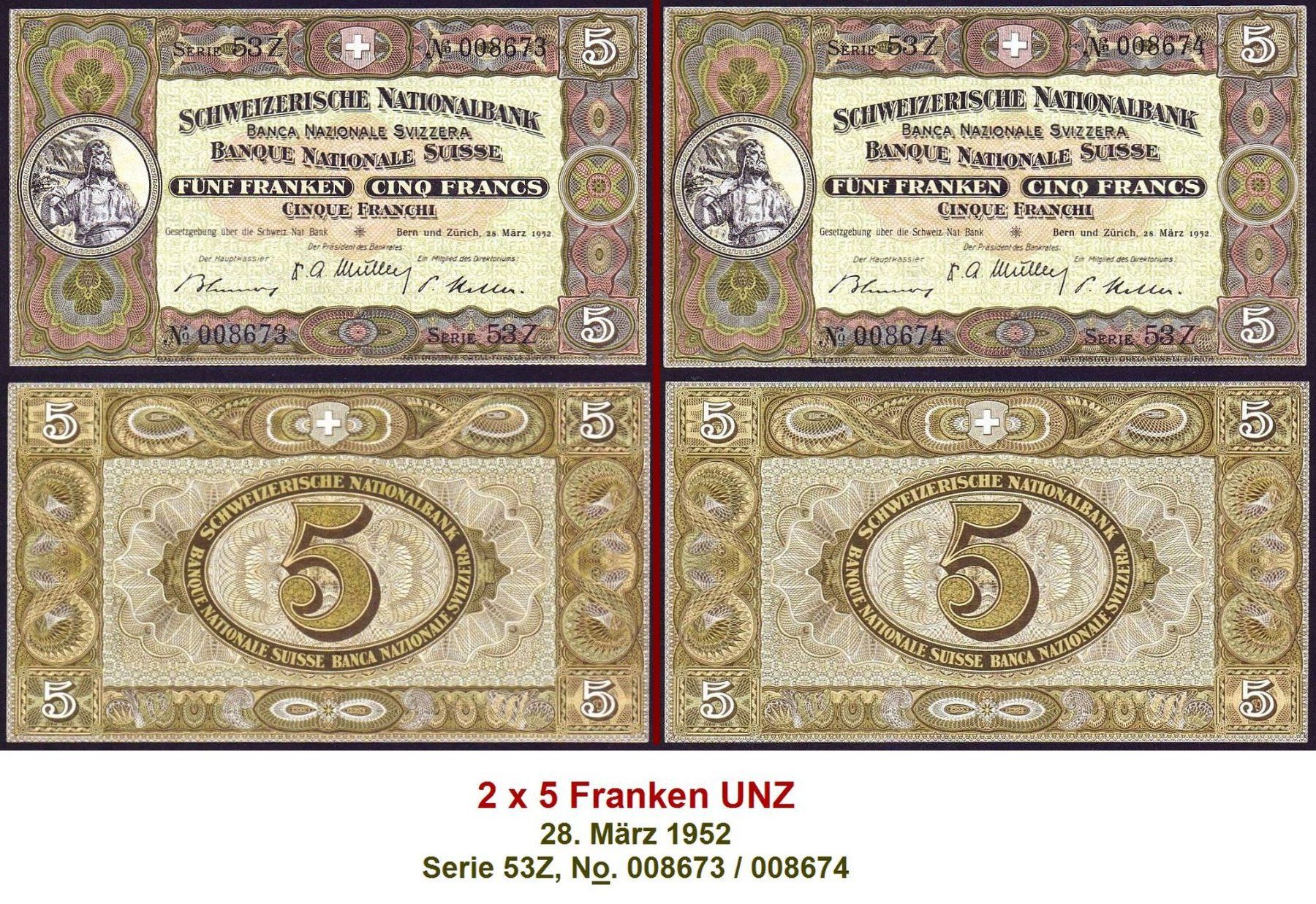 2 x 5 Franken UNZ, vortlaufende Nummern (Neu (gemäss Beschreibung)) in ...