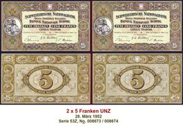 2 x 5 Franken UNZ, vortlaufende Nummern