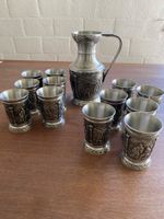 Zinnkanne und 12 Becher, Artina 95% Zinn, alpine Motive
