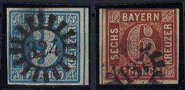 Altdeutschland 1849/50 Bayern 3+6 Kreuzer mit Mühlradstempel