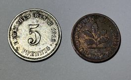 Deutsches Reich 5 Pfenning 1912, 1 Pfenning 1982