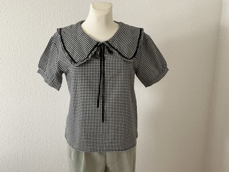 Vichy Bluse mit XL-Kragen Gr. S – Schwarz/Weiss
