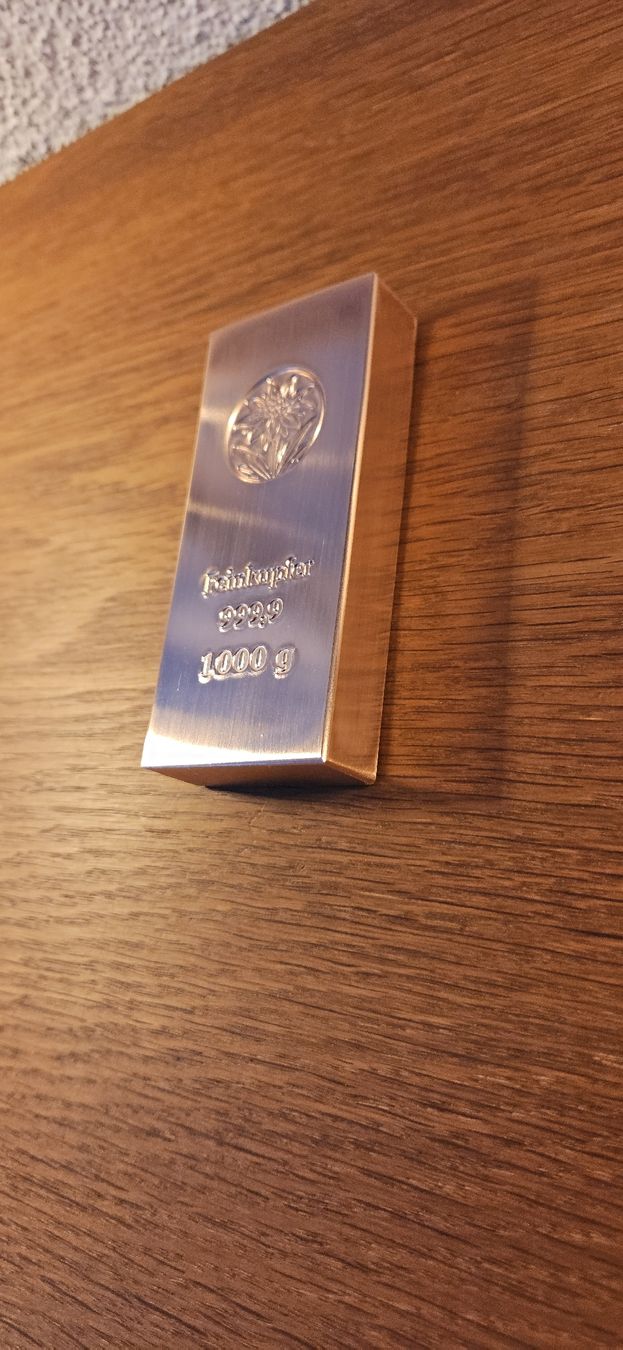 Metalli preziosi: 1kg Kupferbarren 999.9 – Nuovo e nell'imballaggio originale da Nürensdorf venduto da salibeer 1