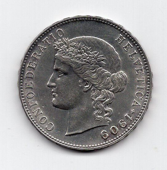 Tutti le monete: (2310) CH, 5 Franken, 1909, top stgl – Usato da Rüthi (Rheintal) venduto da erdnuessli1 1