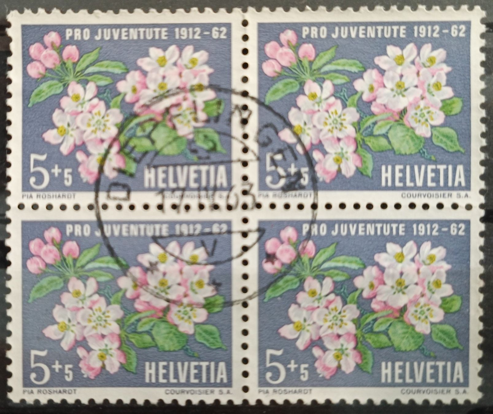 Alle Briefmarken: 1962 PJ Apfelblütenzweig Viererblock – Gebraucht aus Dübendorf von goeggi79