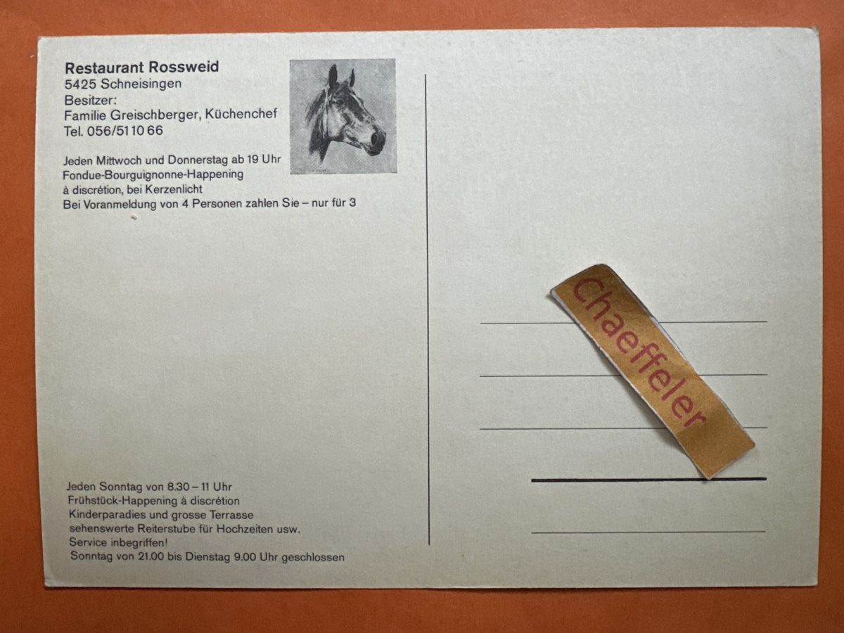 Cartoline postali: Restaurant Rossweid, Schneisingen – Usato da Zürich venduto da Chaeffeler 1