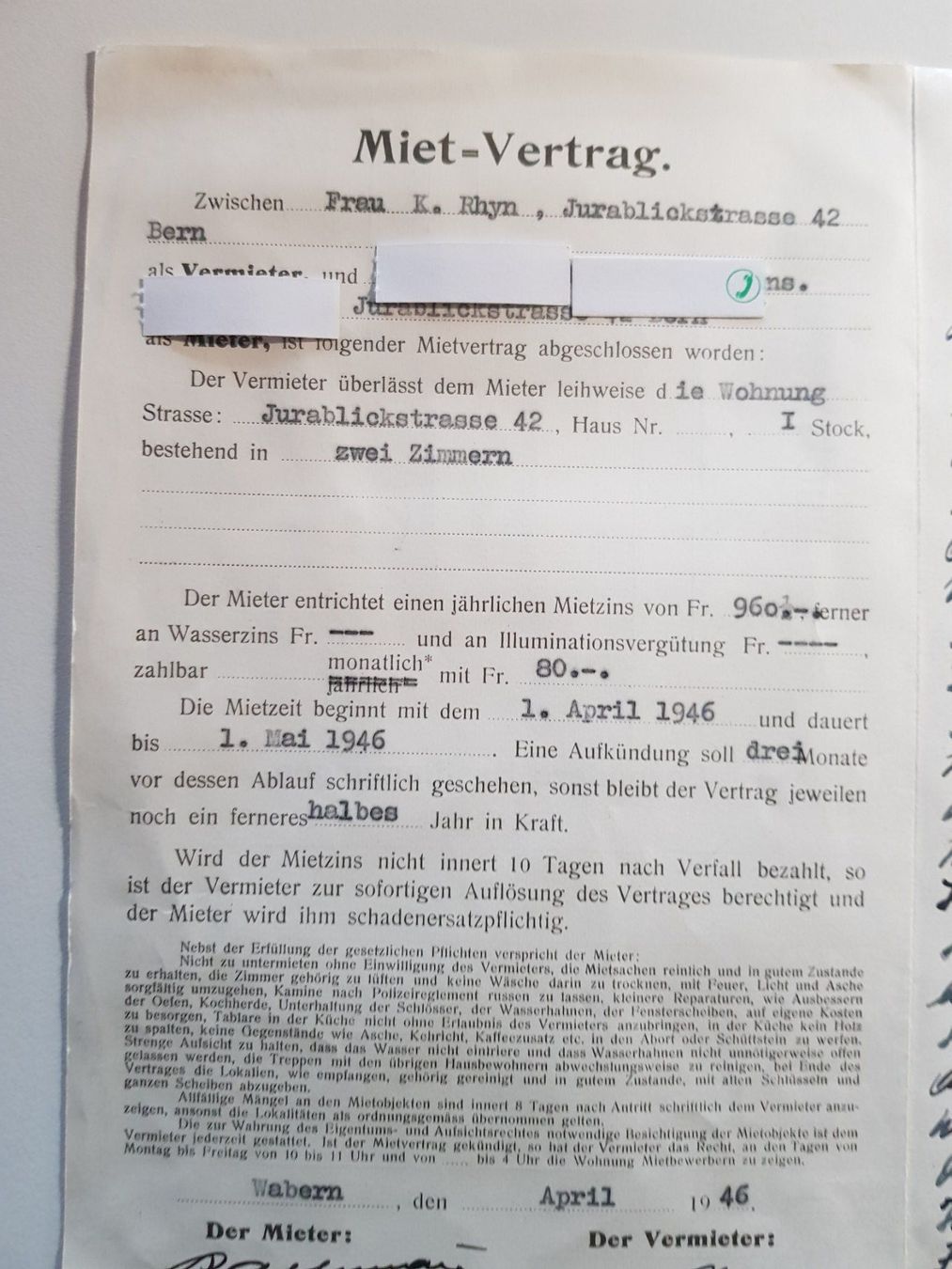 Dokumente: Mietvertrag 1946 mit Quittungen antik – Gebraucht aus Walterswil BE von Lonitti