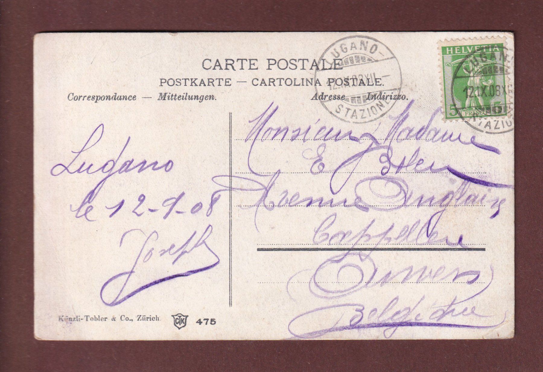 Cartoline postali: LUGANO - San Salvatore - 1908 – Usato da Pully venduto da nicecards-shop 1