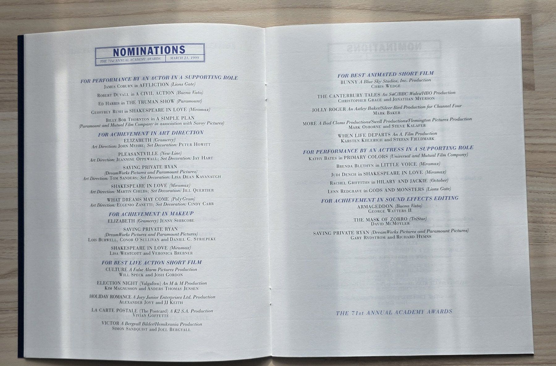 Livres: 71st Annual Academy Awards 1999 Program Oscar – Neuf (Voir description) à Oetwil am See par fineli2 1