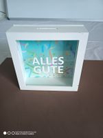 Spardose Holz weiss mit Aufdruck Alles Gute  15x15cm