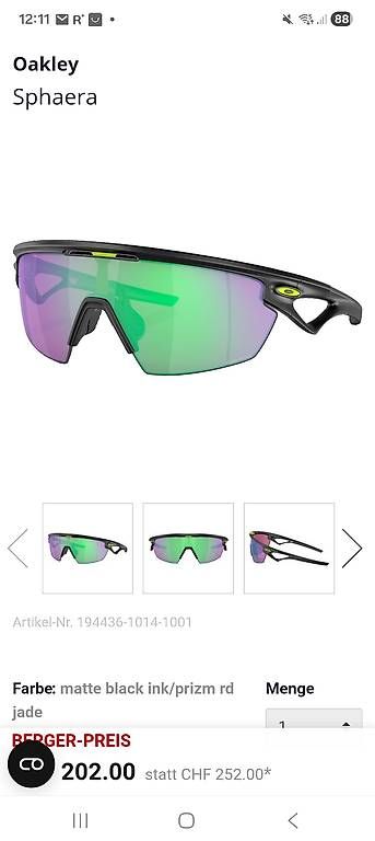 Occhiali & Lenti: Oakley Sphera Prizm Road Jade – Usato da Brunnen venduto da Rodge 1