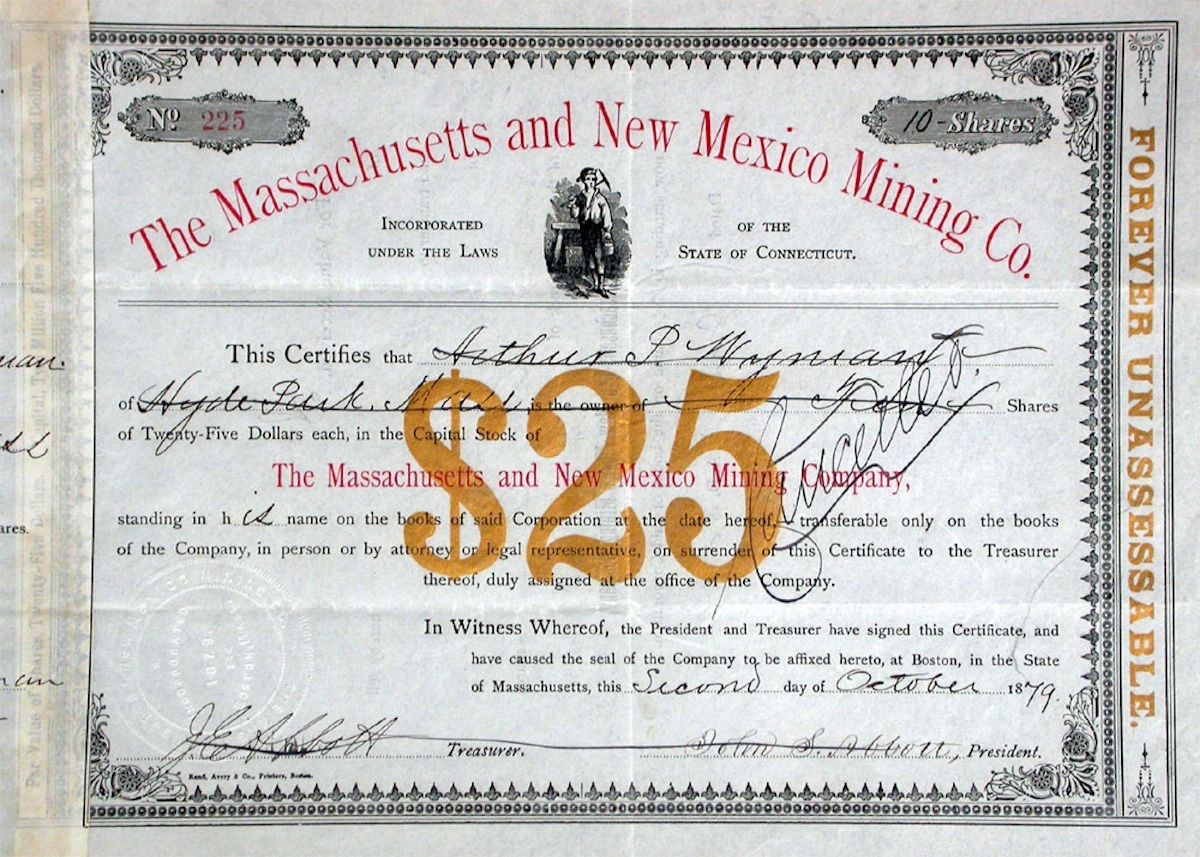 Documenti: Massachusetts & New Mexico Mining Company - 1879 – Usato da Solothurn venduto da Sgasche