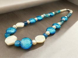 Unikat 💎 Perlenkette aus Silberfolieperlen, Perlmutt, Achat