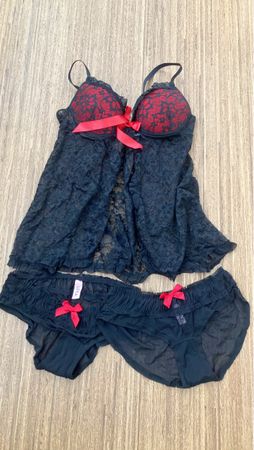 Damen Negligé mit Slip Schwarz Grösse M