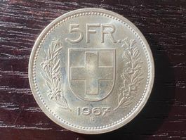 1 x 5 Franken Schweiz 1967 – sehr schöner Stempelglanz