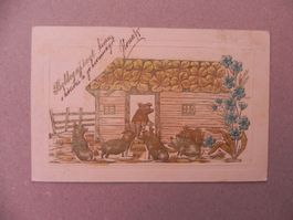 Karte Motiv Humor mit Schwein Sau 1900 Neujahr Prägekarte