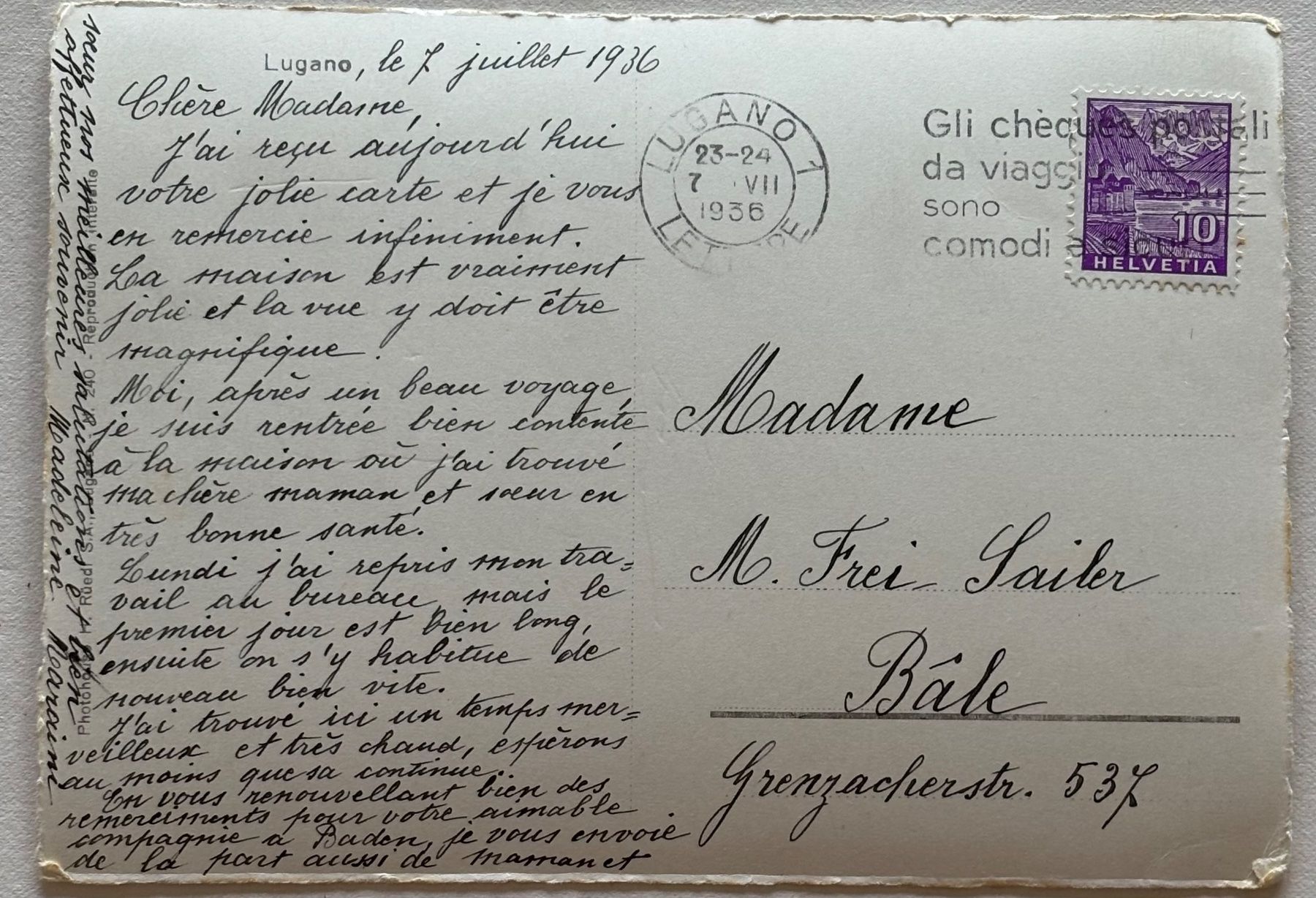 Ansichtskarten: Lugano, 1936 – Gebraucht aus Frauenfeld von Merk52 1