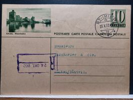 Bildpostkarte von Basel Rheinhafen, gestempelt am 23.X.52