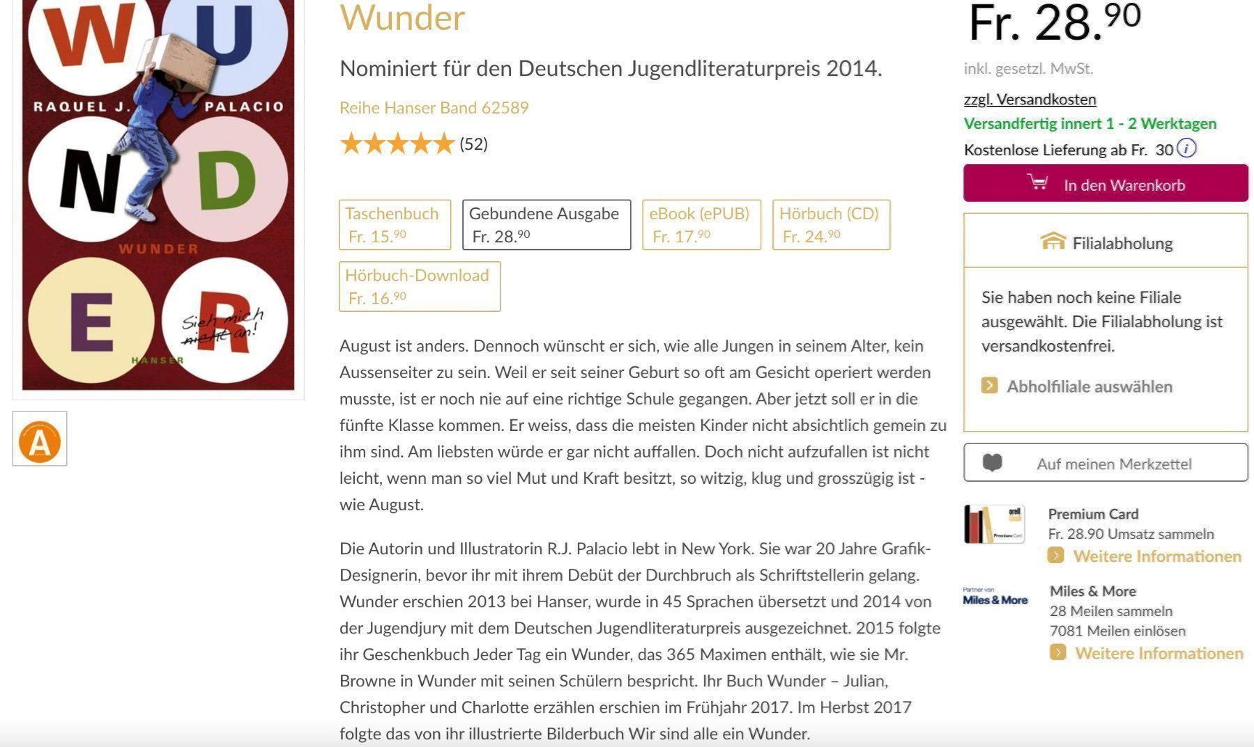 Livres: Wunder vom Raquel J. Palacio – D'occasion à Rothenburg par Kaulquappe55 1