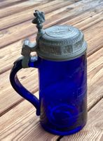 antiker Kobaltblauer Mundgeblasener Biedermeier Deckelkrug