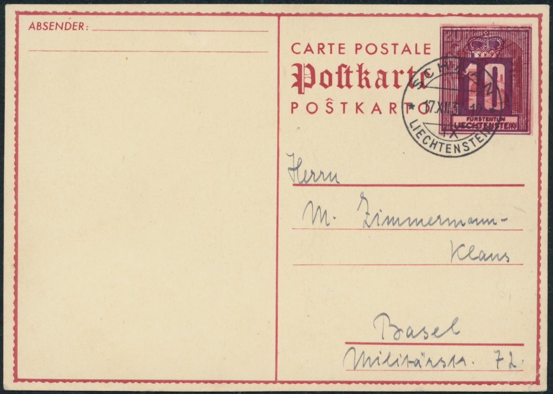 Alle Briefmarken: FL - Ganzsache - 1937 - Postkarte - Schaan – Gebraucht aus Schindellegi von leecollect