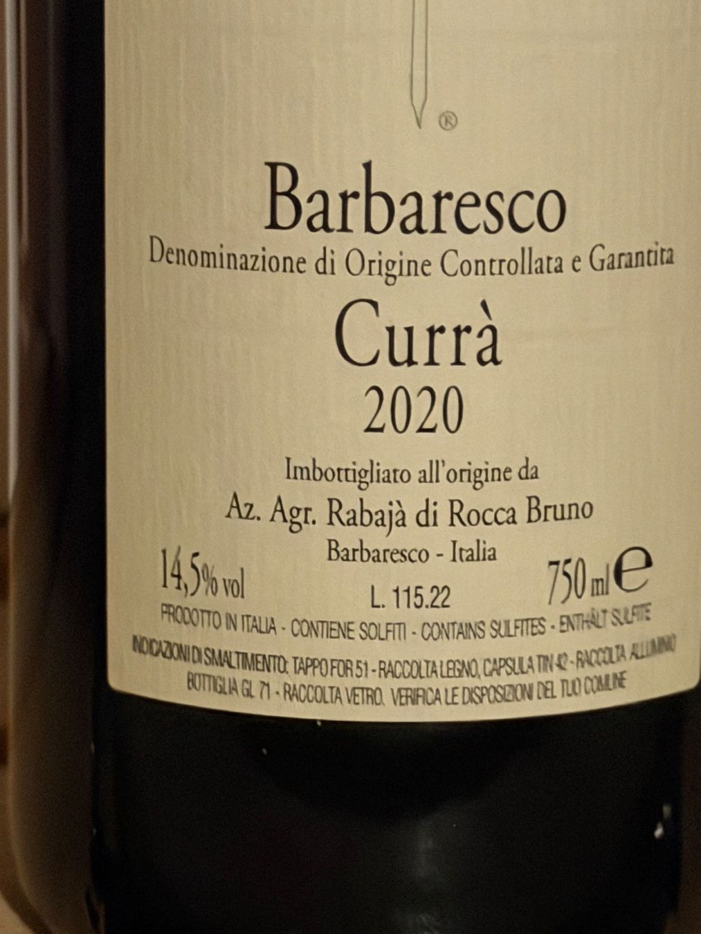 Vino: BARBARESCO Currà 2020 Bruno Rocca – Nuovo (secondo la descrizione) da Roche VD venduto da avediscipule 2