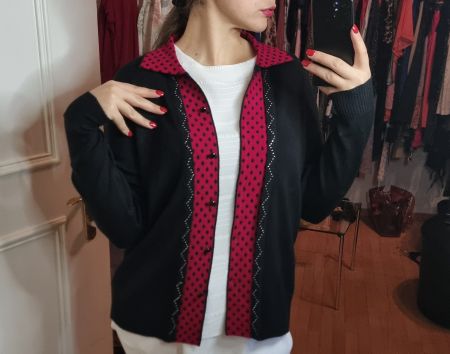 Vintage Schwarze Strickjacke mit rotem Einsatz Gr. 42
