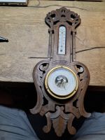 Wetterstation Holz geschnitzt Barometer Thermometer antik (Q