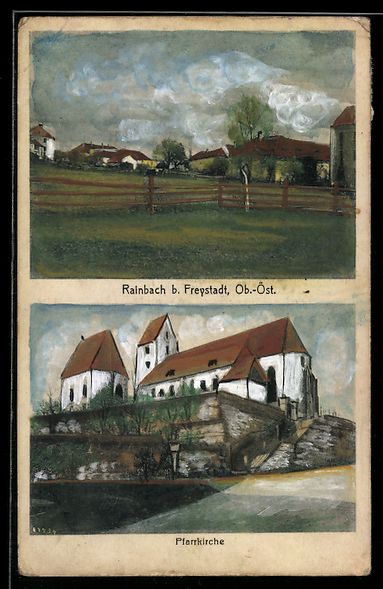 Cartoline postali: Handgemalt: Rainbach b. Freystadt, Pfarr – Usato da Berlin venduto da bartko-reher