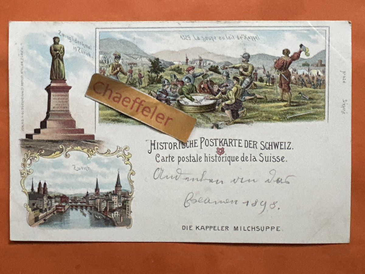 Cartoline postali: Historische Postkarte der Schweiz. Die Kappeler Milchsuppe. – Usato da Zürich venduto da Chaeffeler