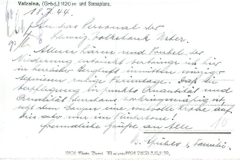 Cartoline postali: Valzeina - und Scesaplana + 1944 – Usato da Emmenbrücke venduto da teestube 1