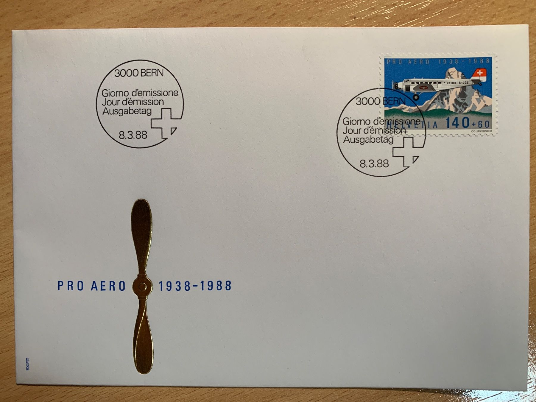 Alle Briefmarken: Pro Aero 1938-1988 Ersttagsbrief 8.3.88 – Gebraucht aus Ibach von lisch3