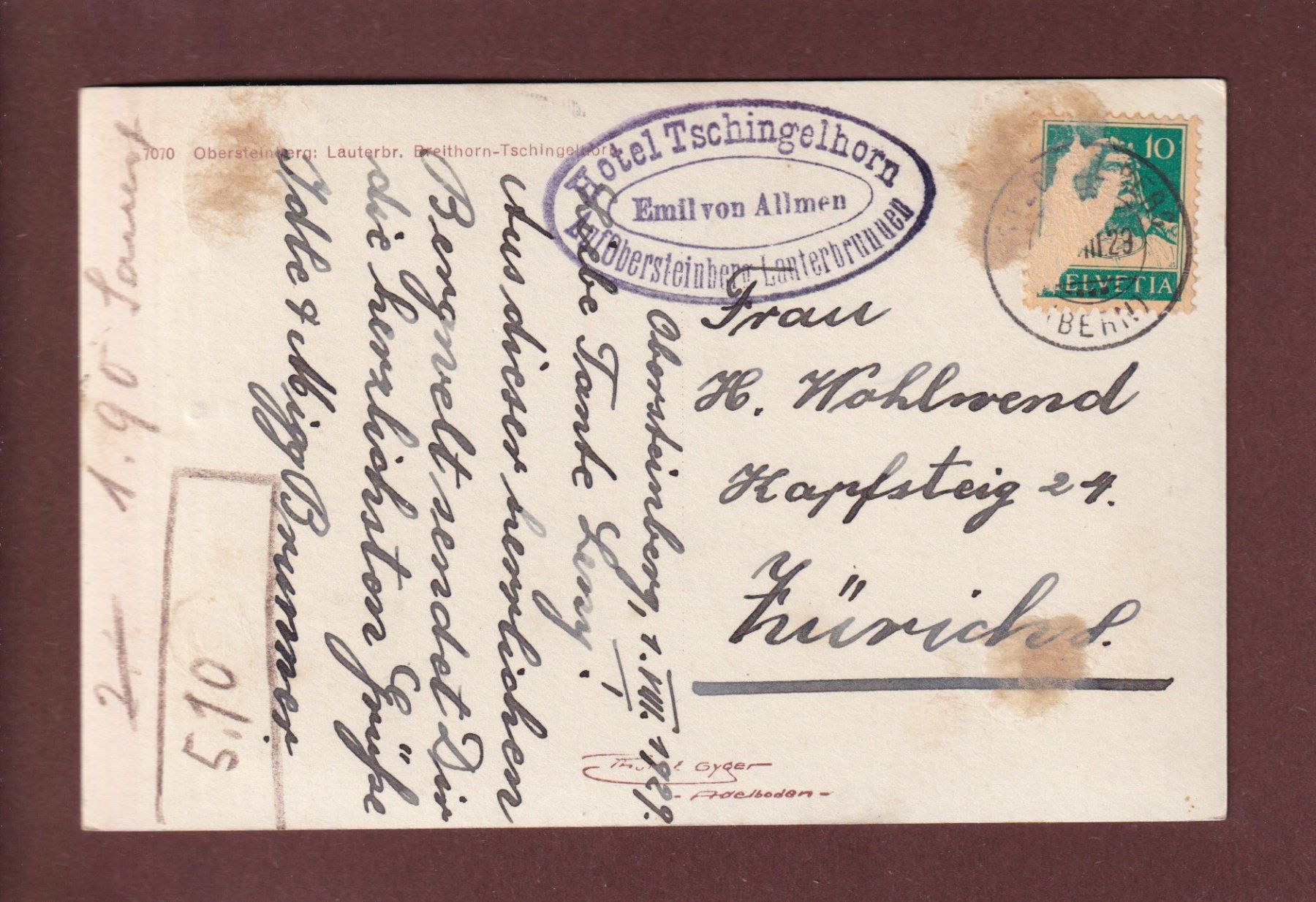 Cartoline postali: OBERSTEINBERG - 1929 – Usato da Pully venduto da nicecards 1