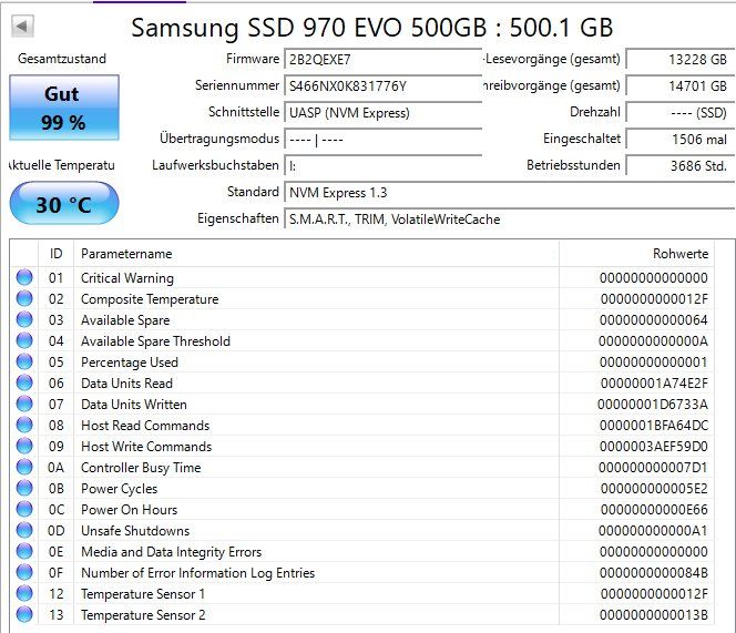 Samsung Dischi rigidi: Samsung SSD 970 EVO 500GB NVMe M.2 – Usato da Baltschieder venduto da lea_m2hc 1