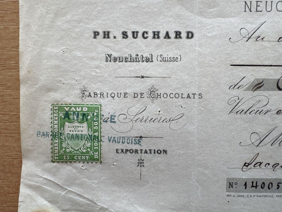 Documenti: Facture Chocolat Suchard Signature Suchard Philippe – Usato da GRAND - LANCY venduto da petitpain67 1