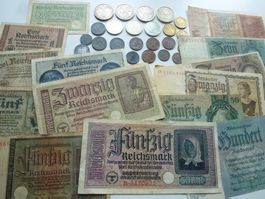 Lot ++ 14 alte Banknoten und 25 Münzen aus Deutschland
