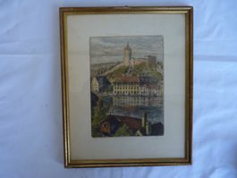 Antike Radierung Schaffhausen Munot. 23x28cm