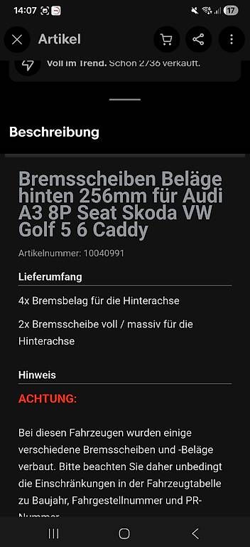 Tutti pezzi di ricambio auto: Bremsen Set  Hinterräder für Audi  – Usato da Eschlikon TG venduto da lub_yp6k 3