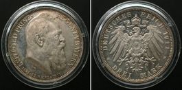 BAYERN 3 Mark 1911 D LUITPOLD, 90. Geburtstag, Silber PP
