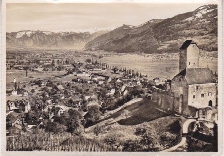 Cartoline postali: SARGANS - Dorfansicht mit Schloss. 1954 – Usato da Schlieren venduto da Rapaelli