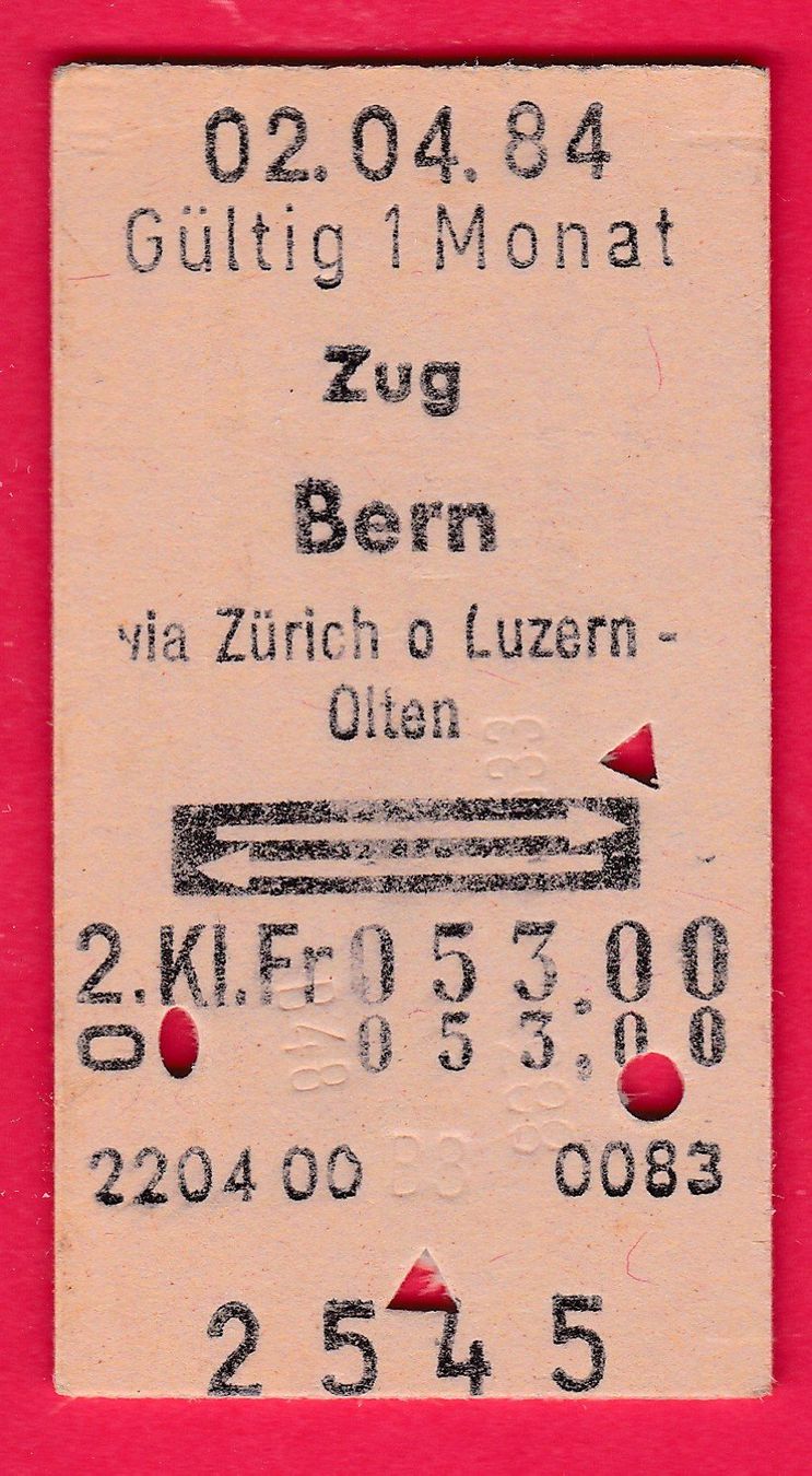 Billets: KARTON BILLETT, ZUG - BERN, 2.KLASSE, RETOUR – D'occasion à Oberrieden par Gebirgsstelze