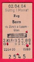 KARTON BILLETT, ZUG - BERN, 2.KLASSE, RETOUR
