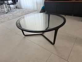 Couchtisch Glas rund dunkelgebraunes Holzgestell
