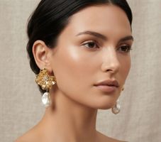 Ohrringe goldfarben Blumen mit Perlen neu 6 cm