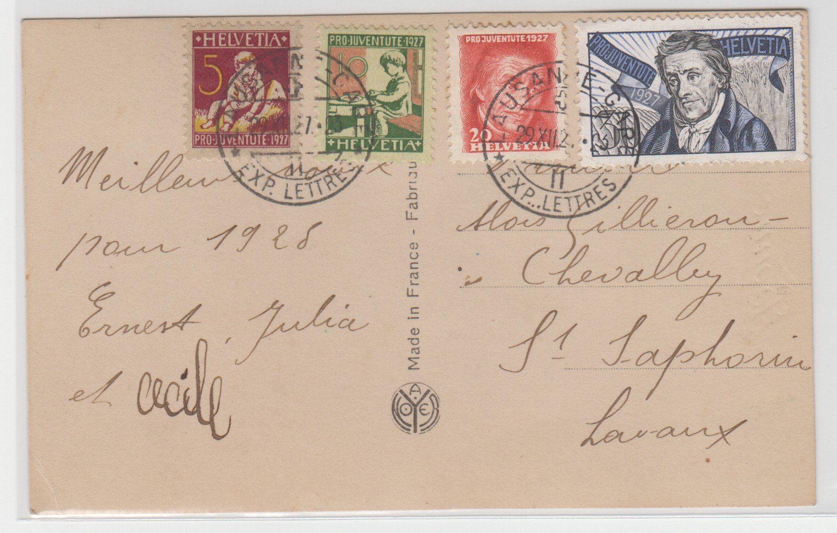 Alle Briefmarken: Pro Juventute 1927 sur carte – Gebraucht aus Boécourt von Denteles66